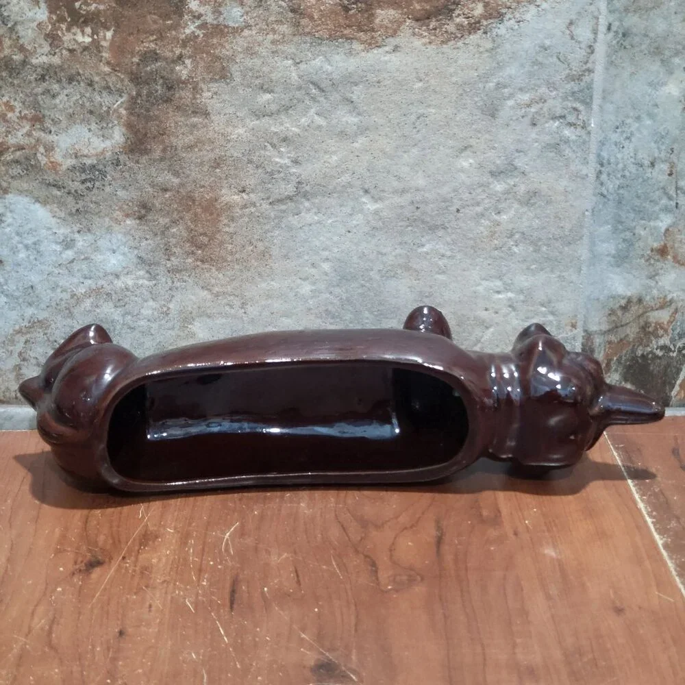 Vintage Dachshund Dog Ceramic Cracker Tray Planter Brown Glazed